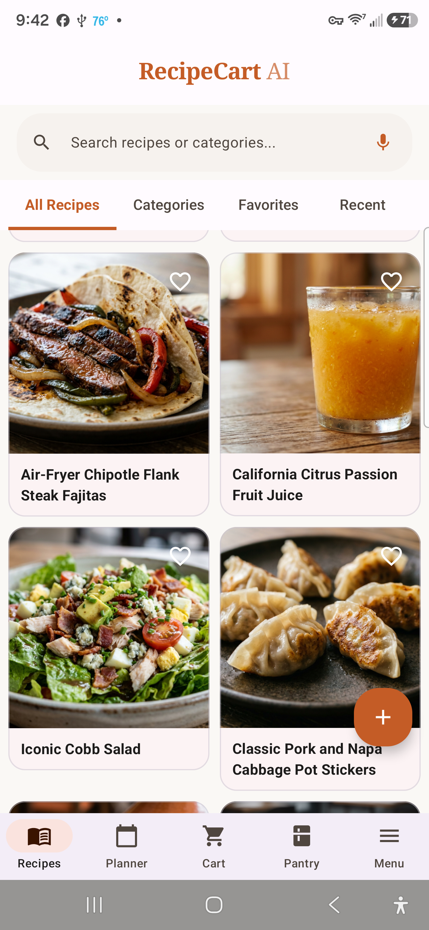 RecipeCart AI library of saved recipes
