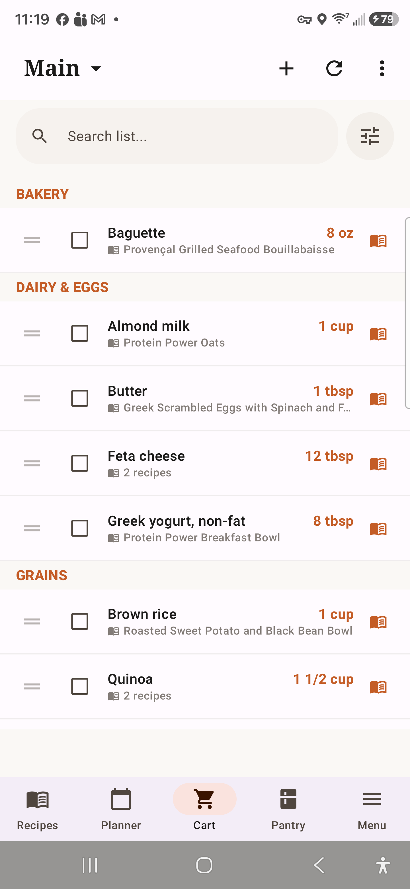 Shopping cart grouped by grocery aisle