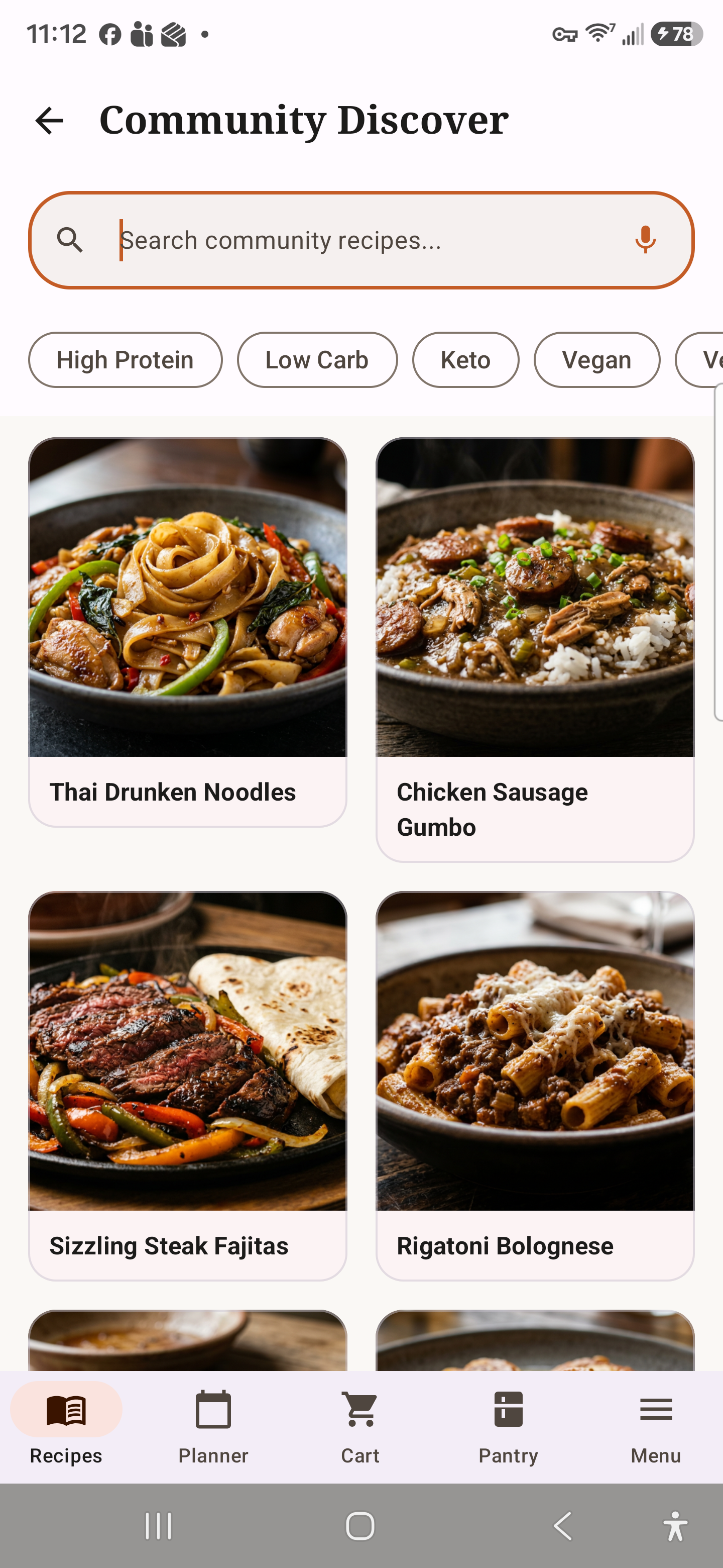 Community Discover recipe grid