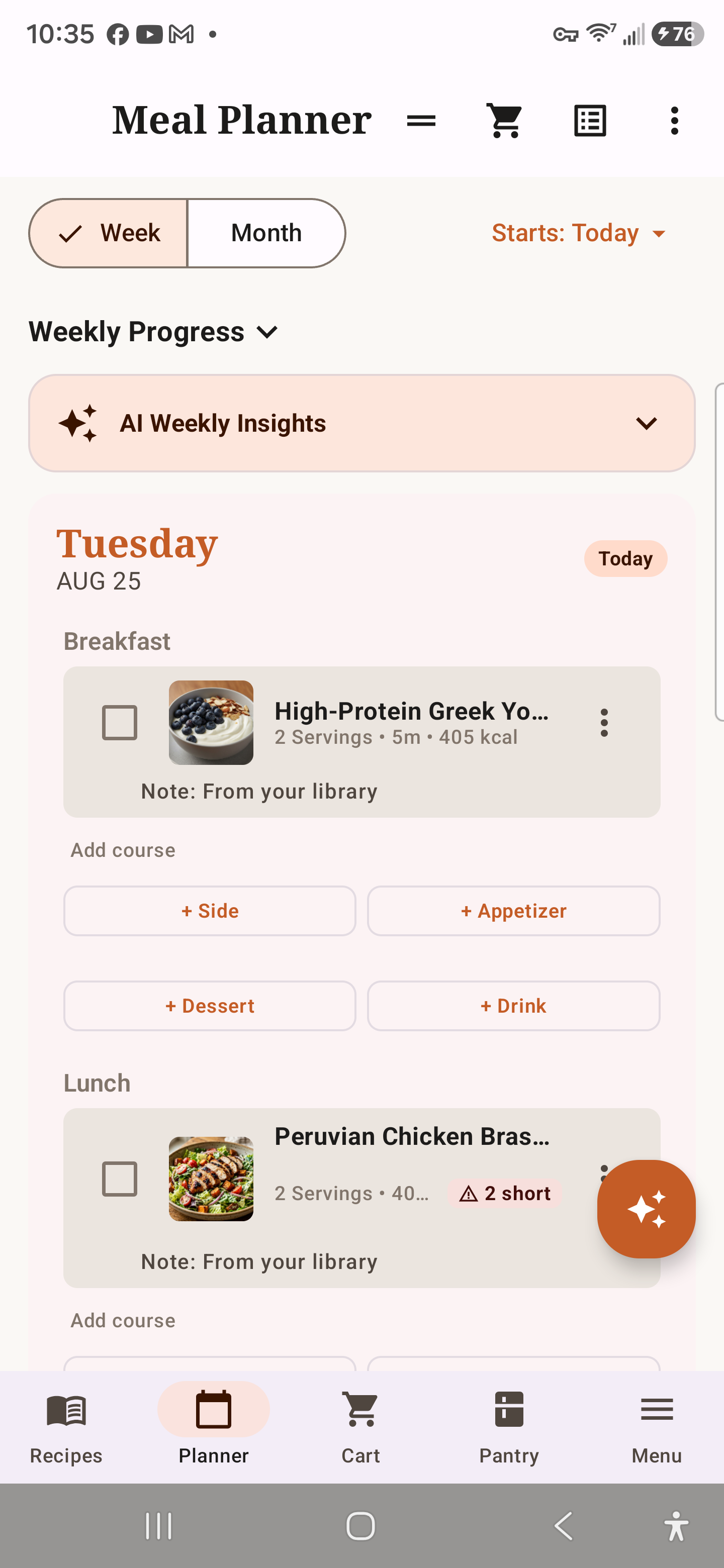 Weekly meal planner with breakfast and lunch